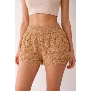 Rewind Womens S Tan Brown Crochet Shorts Double layer Elastic Waist 100% Cotton